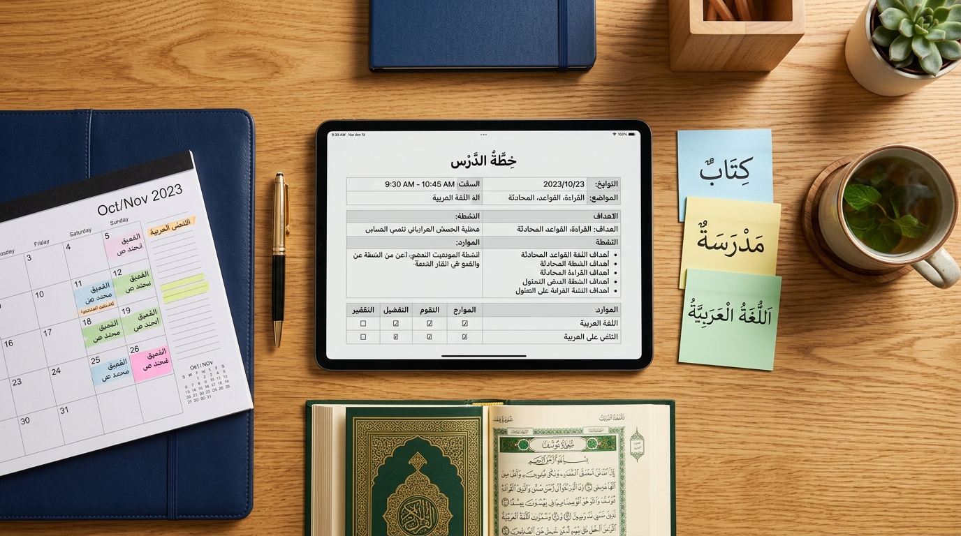 Structured lesson plan on a tablet surrounded by Arabic learning materials