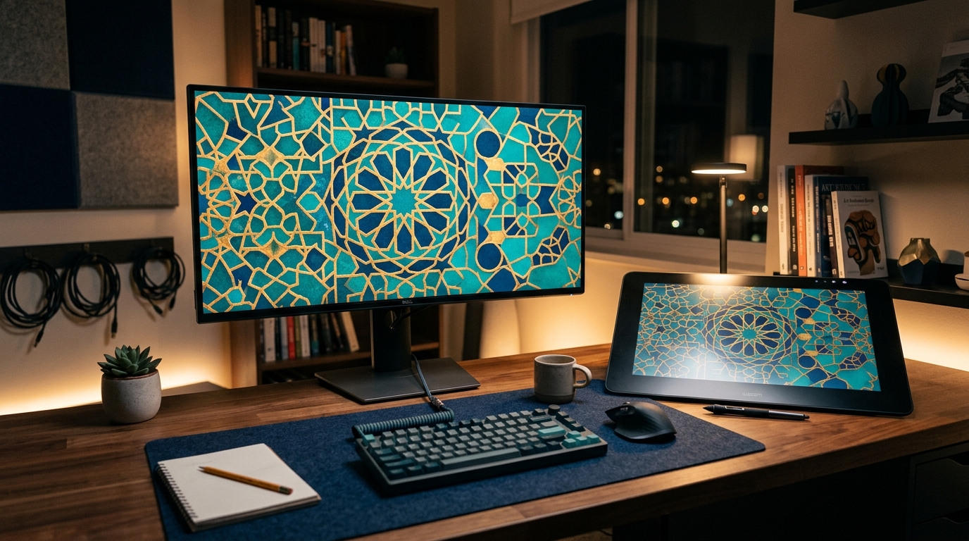 Creative animation workspace with Islamic geometric patterns displayed on screen in teal and gold