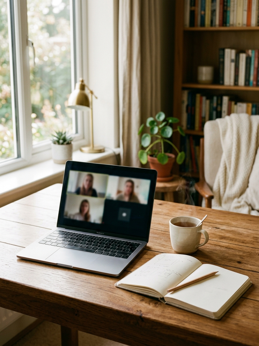 Warm home study workspace with an open laptop, notebook and a cup of tea by a sunlit window