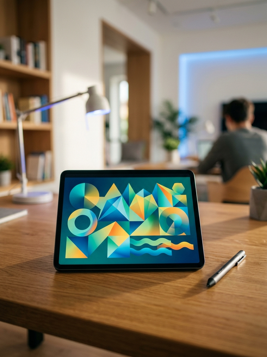 Modern tablet displaying colourful geometric learning patterns on a clean minimalist desk