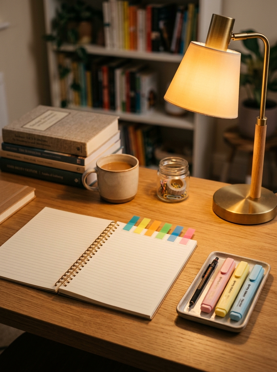 Organised study desk with a spiral notebook, coloured tabs, highlighters and warm lamplight